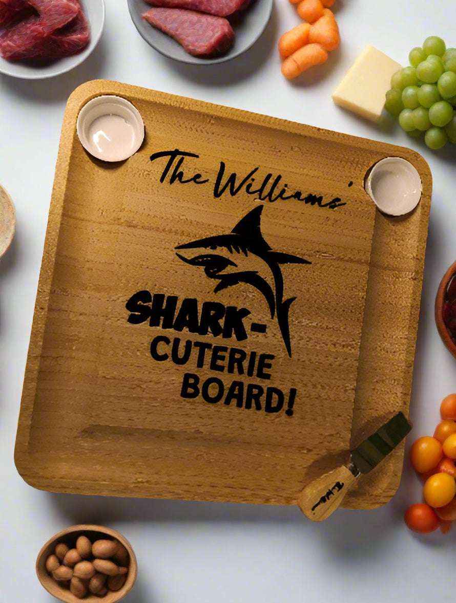 Large Bamboo Charcuterie Tray with Dip Cups, Hidden Drawer, Utensils, Food Name Tags, Chalk Custom Engraved