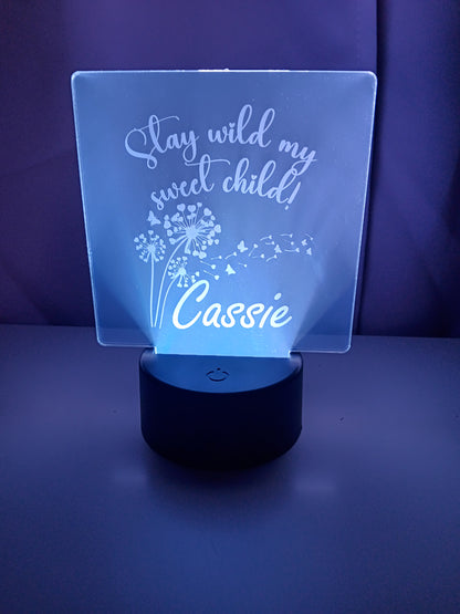 Personalized LED acrylic light with "Stay wild my sweet child!" and the name Cassie, glowing on a dark surface.