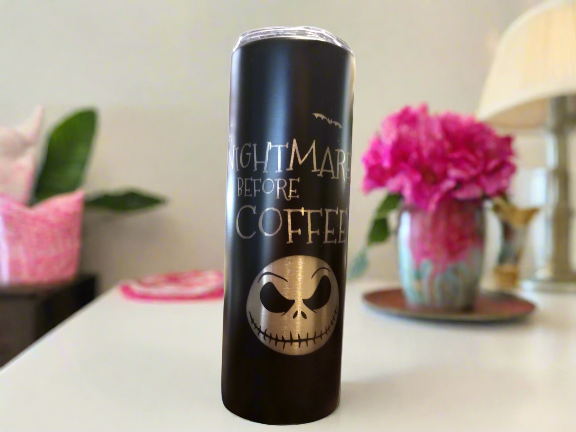 jack frost tumbler with "nightmare before coffee" engraving