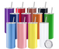 Namaste Tumblers in various vibrant colors, featuring stainless steel straws and screw-on lids. One lid is displayed separately.