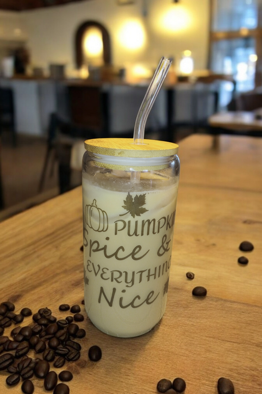 20 oz glass tumber with wooden lid and glass straw with engraving "pumpkin spice and everything nice"