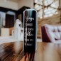 Namaste Tumbler with text: "Yoga Keeps me sane, Coffee Helps me be nice!" on a wooden table in a cozy indoor setting.