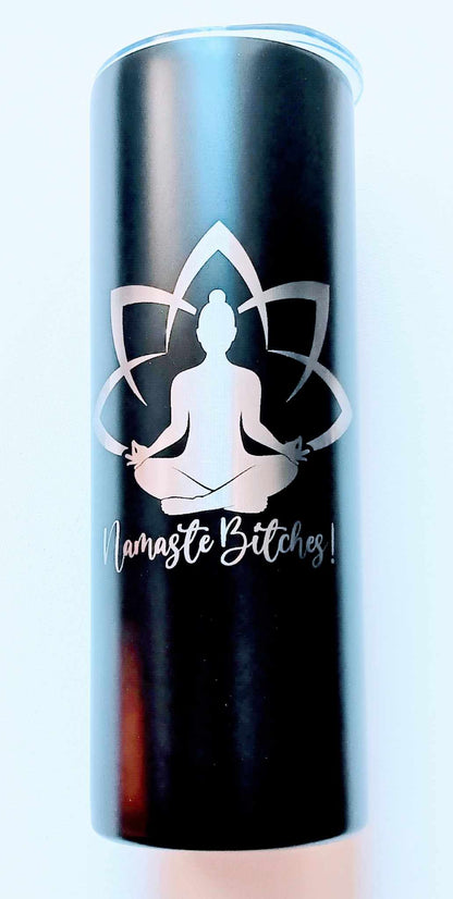 A black Namaste Tumbler featuring a serene figure in a yoga pose with the text "Namaste Bitches!"