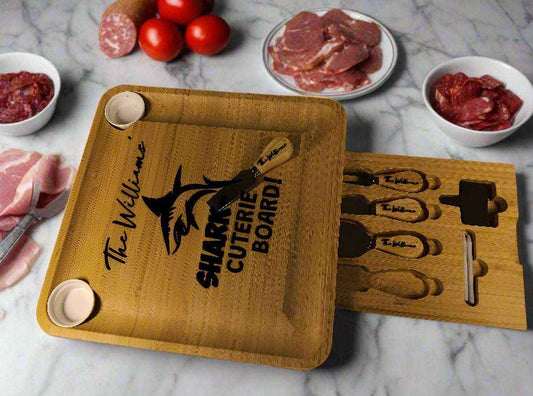 Large Bamboo Charcuterie Tray with Dip Cups, Hidden Drawer, Utensils, Food Name Tags, Chalk Custom Engraved