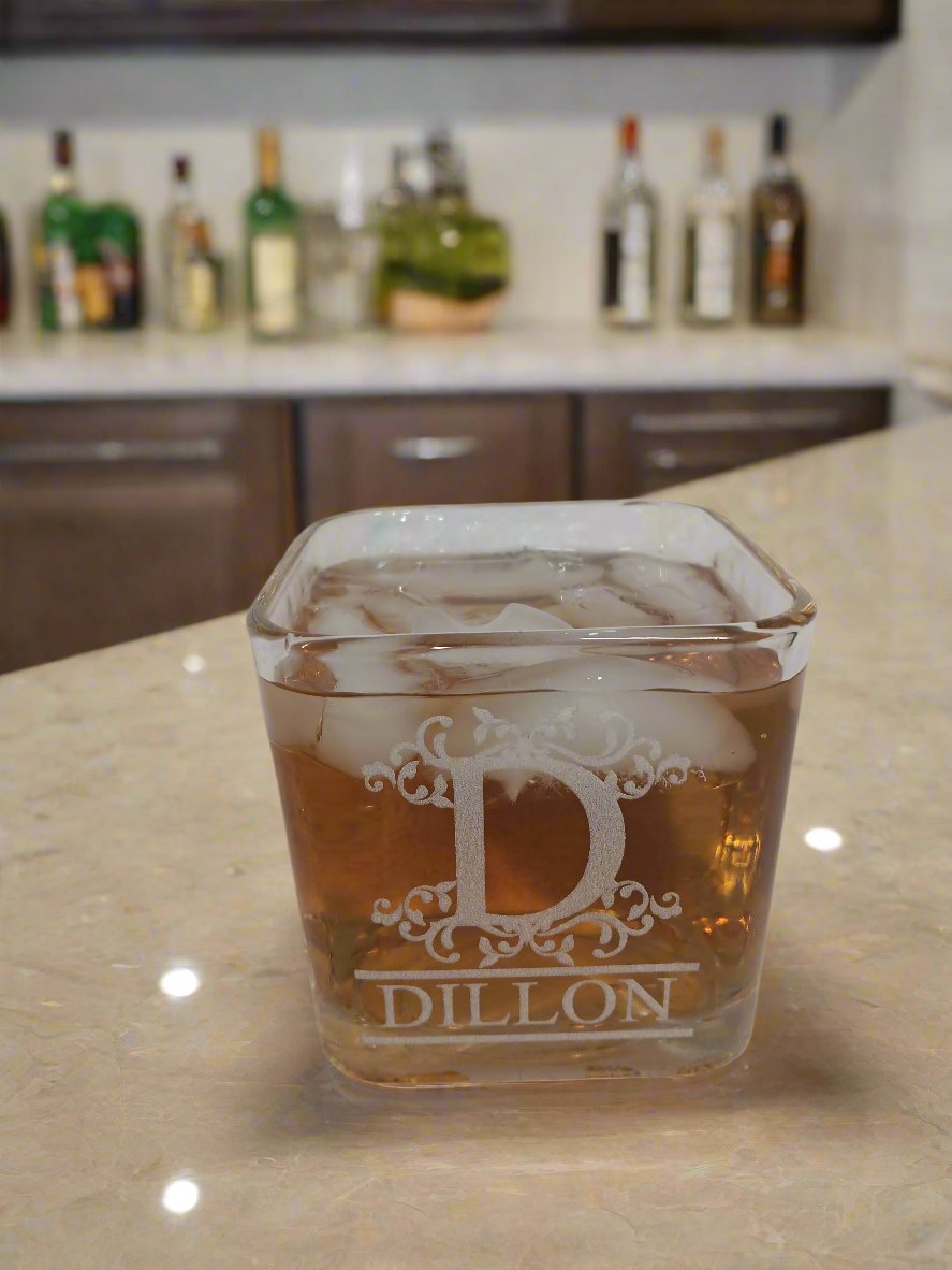 text "Dillon" engraved on the side of a 12 oz. square rocks glass