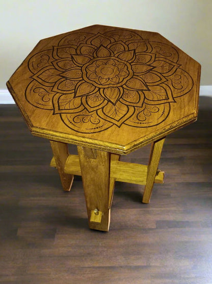 small end table handmade with cool mandala on top